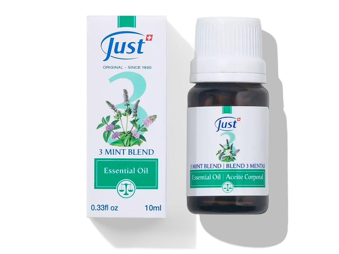 Frasco del blend 3 Mentas de Swiss Just, de 10 ml, con hojas de menta