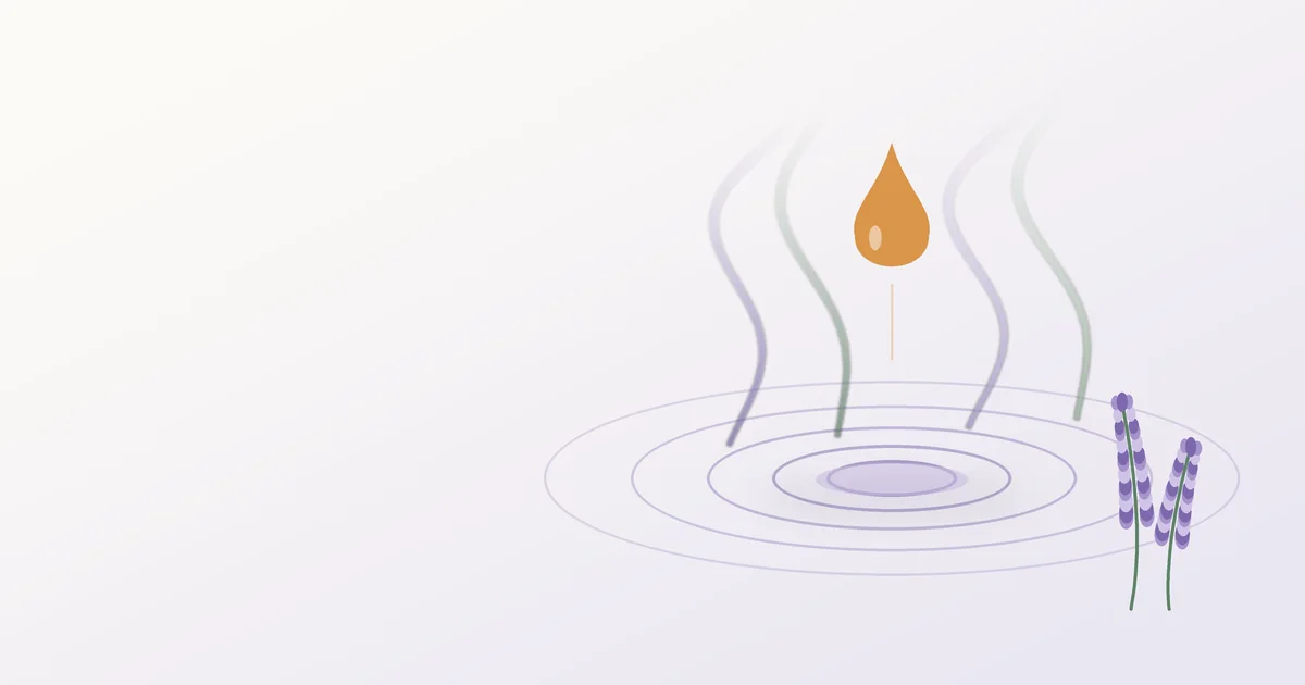 Ilustración de una gota de aceite esencial cayendo sobre el agua, con ondas y volutas de aroma que suben