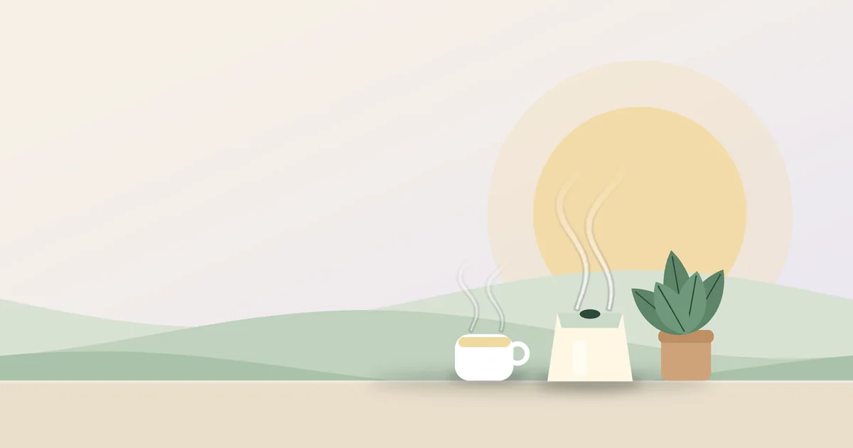 Ilustración de un rincón de pausa al atardecer con una taza humeante, un difusor y una planta