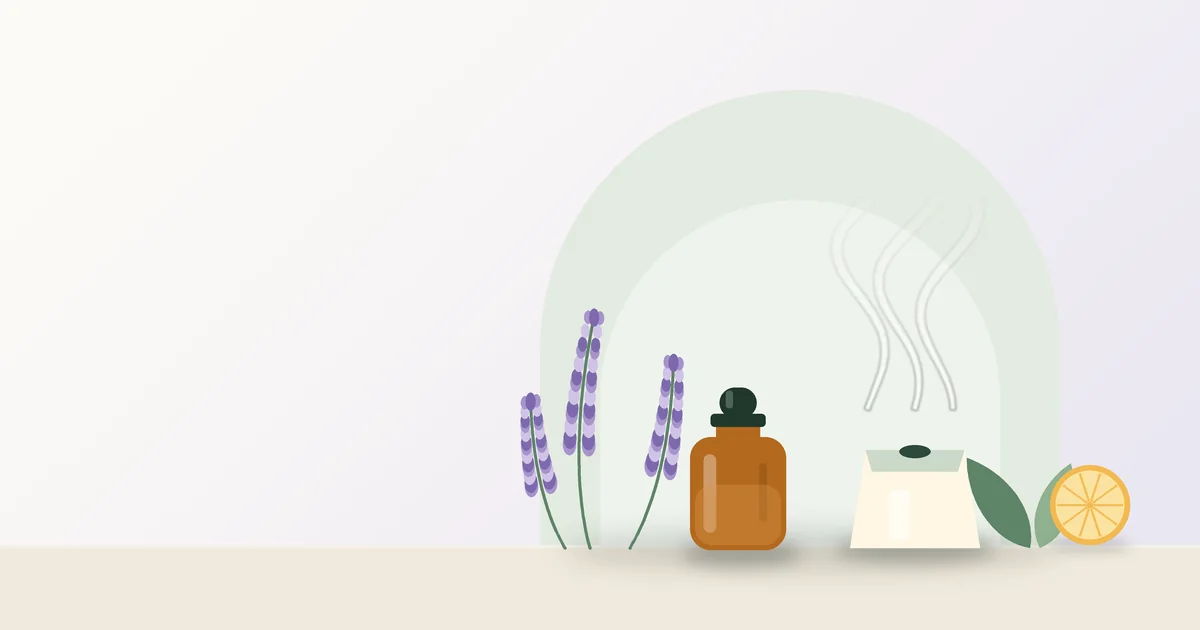 Ilustración de un frasco de aceite esencial, ramas de lavanda, un difusor y una rodaja de naranja frente a un arco verde