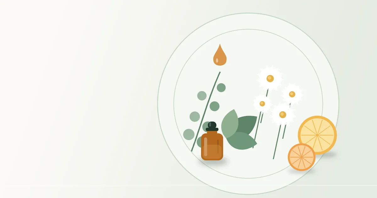 Ilustración de plantas aromáticas (eucalipto, manzanilla, menta y cítricos) alrededor de un frasco gotero y una gota de aceite